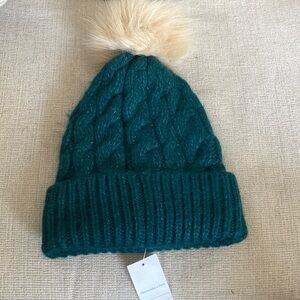 Abercrombie and Fitch Teal Cable Knit Beanie with Pom Pom